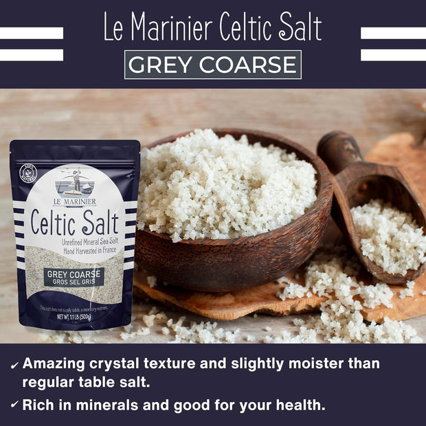 Le Marinier French Sea Salt Grey Coarse, 1.1lb - 18oz. Mineral Rich 100% Natural and Unrefined Celtic Salt Organic. Hand Harvested Mineral Sea Salt, Sel Gris (1.1lb Grey Coarse)