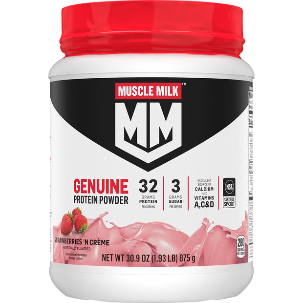 Muscle Milk Genuine Protein Powder, Chocolate, 1.93 Pounds, 13 Servings, 32g Protein, 2g Sugar, Calcium, Vitamins A, C & D, NSF Certified for Sport, Energizing Snack, Packaging May Vary