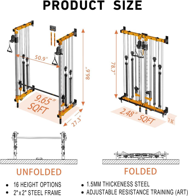 Wall-Mounted Folding Smith Machine Home Gym, All-in-One Compact Power Cage & Cable Pulley Trainer with 125–250LB Dual-User Resistance Band System for Home, Garage, Basement Fitness