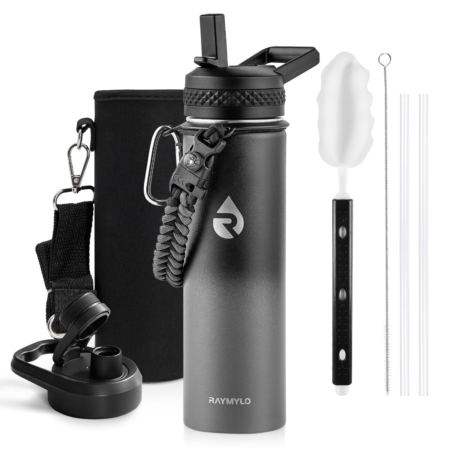 Insulated Water Bottle 64 oz, Triple Wall Vacuum Stainless Steel (Cold for 48 Hrs), Leak Proof & Non-BPA, Half Gallon Water Flask Jug with Paracord Handle & Straw Spout Lids, Magic Black