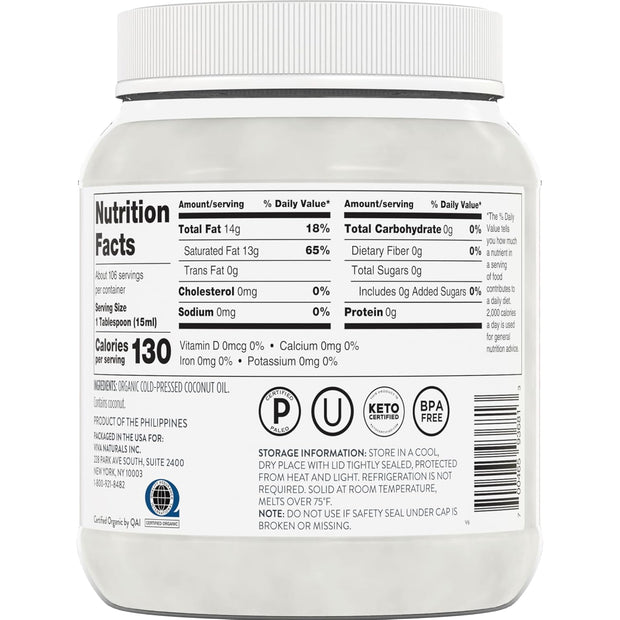 Viva Naturals Organic Coconut Oil - Unrefined, Cold-Pressed Extra Virgin Coconut Oil, USDA Organic and Non-GMO Cooking Oil, Great as Hair Oil and Skin Oil, 54 fl oz