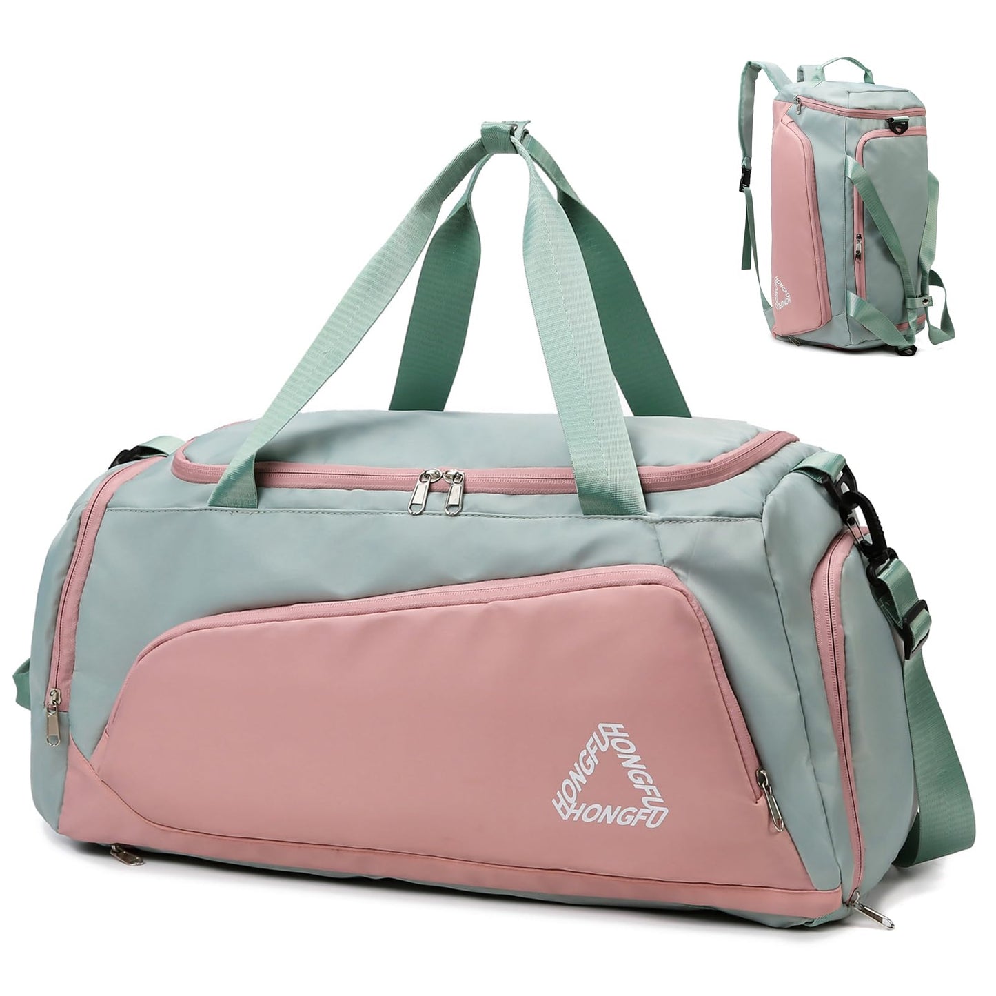Eslcorri Gym Duffle Bag for Women Men, Sports Backpack with Wet & Shoe Compartment, Fitness Overnight Weekender Bag for Yoga, Swim, Travel (Style B, GreenPink)