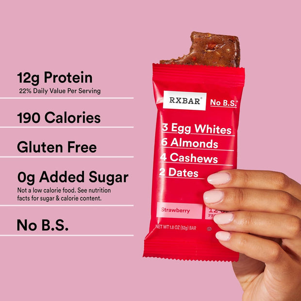 RXBAR Protein Bars, 12g Protein, Gluten Free Snacks, Strawberry, 22oz Box (12 Bars)