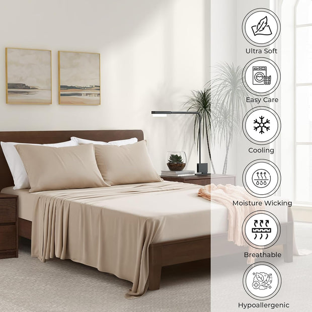 Luxury Bamboo Market | Queen Size Bed Sheet Set | 100% Viscose Made from Bamboo | Organically Grown | Ultra Soft | Cooling Sheets for Hot Sleepers | 17" Deep Pocket [Dune]