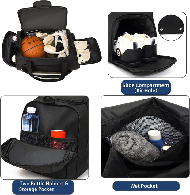 Waterproof Gym Bag with Shoe & Wet Compartment for Men/Women,Sports Duffle Bags for Workout/Fitness/Travel(Black,20"x11"x11")