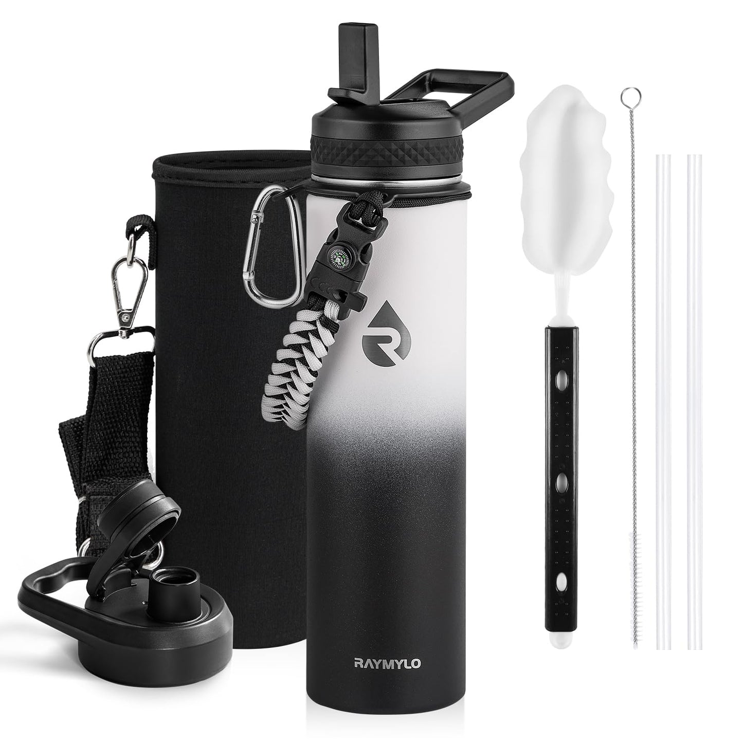 Insulated Water Bottle 64 oz, Triple Wall Vacuum Stainless Steel (Cold for 48 Hrs), Leak Proof & Non-BPA, Half Gallon Water Flask Jug with Paracord Handle & Straw Spout Lids, Magic Black