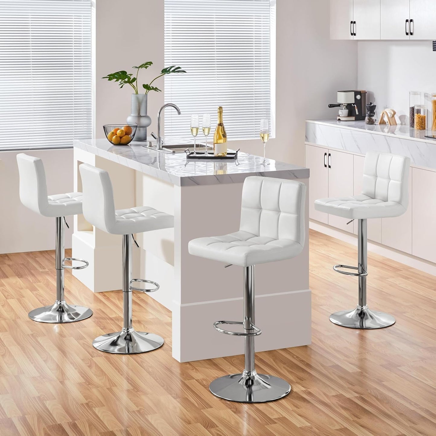 Bar Stools Set of 2, Armless Hydraulic Kitchen Height Counter Bar Stools, PU Leather Adjustable Swivel Barstools, Thickened Square Seat Cushion Barstool with Back, White