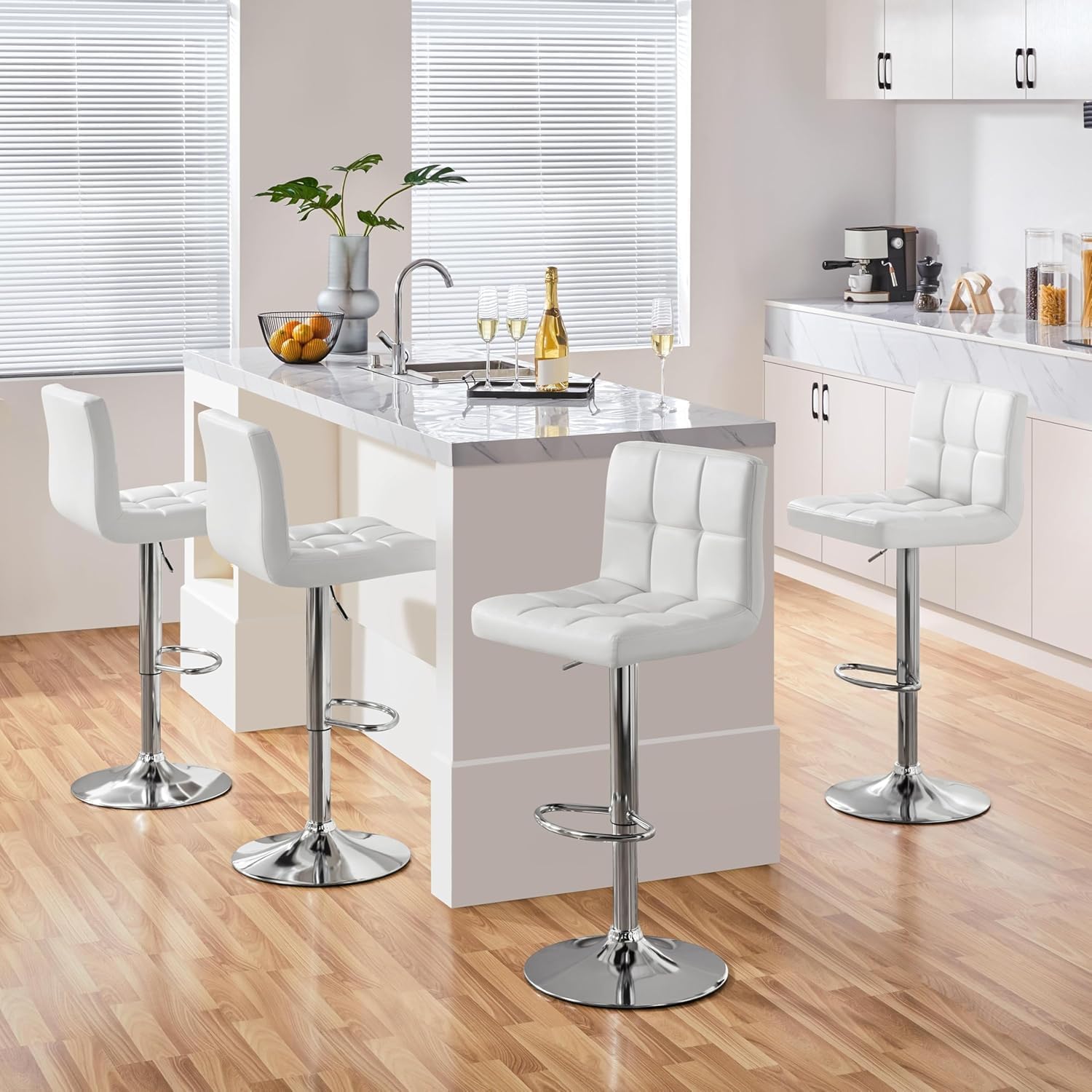 Bar Stools Set of 2, Armless Hydraulic Kitchen Height Counter Bar Stools, PU Leather Adjustable Swivel Barstools, Thickened Square Seat Cushion Barstool with Back, White
