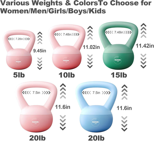 RUNWE Soft Kettlebell - Weight Options for 25, 20, 15, 10 and 5 LB Strength Training Kettlebells Weight Iron Sand Filled Shock-Proof Hand Weights for Women Men or Children