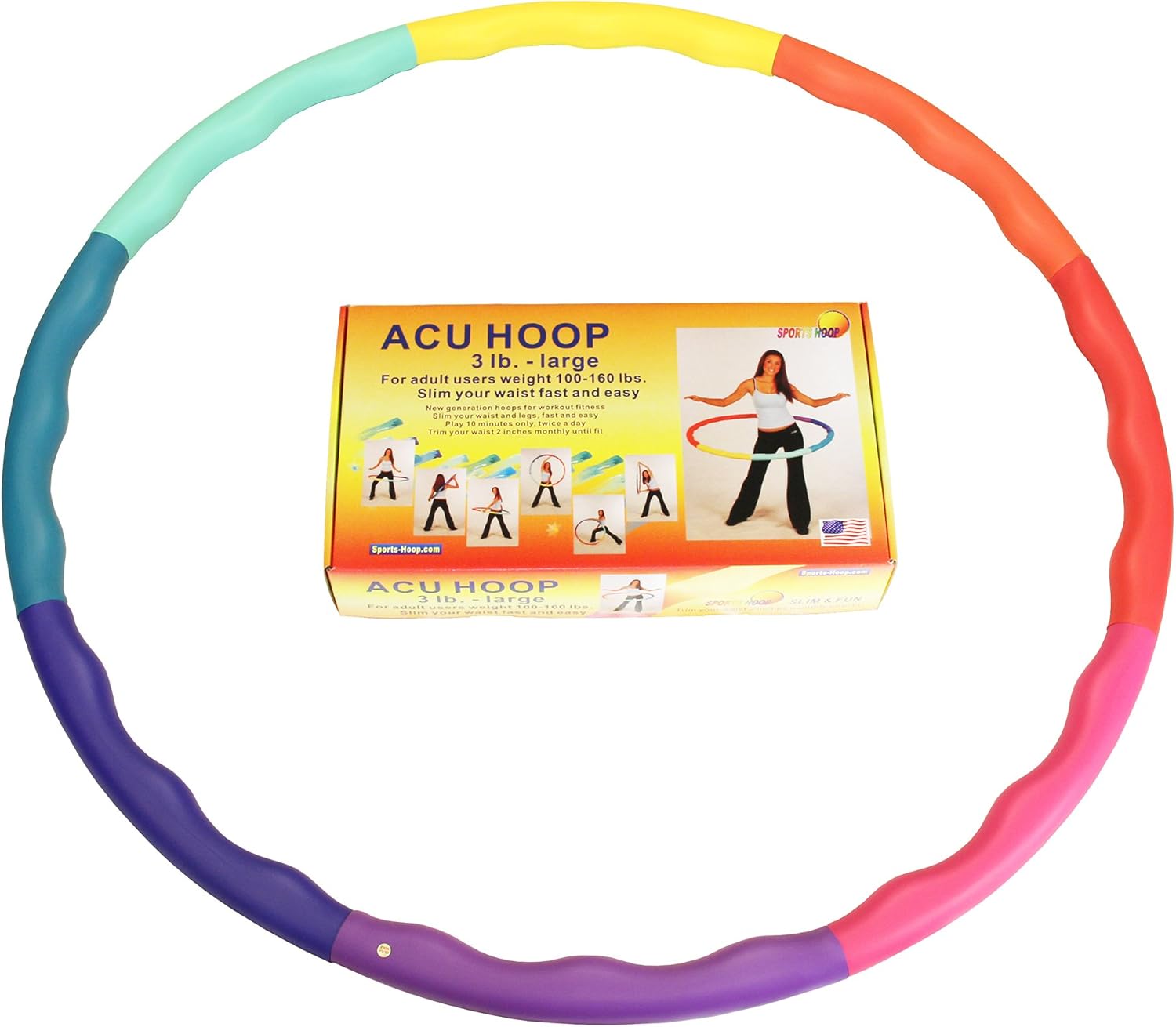 Weighted Hula Hoop, ACU Hoop 3L - 3.3 lb Large, Weight Loss Fitness Workout Sports Hoop with ridges. (Rainbow Colors)