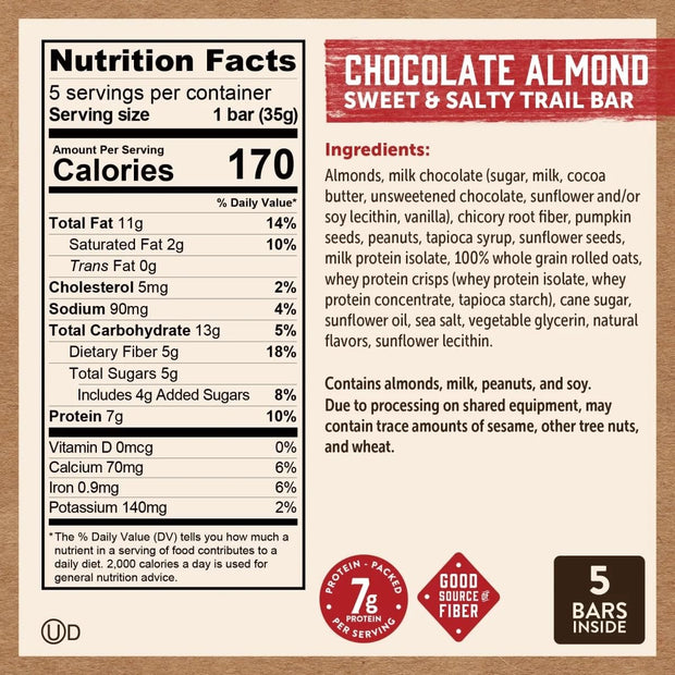 Protein-Packed Chocolate Almond Trail Bars, 1.23 oz, 5 Count Cardboard Box
