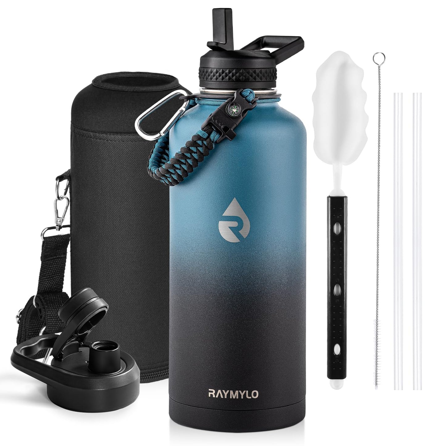 Insulated Water Bottle 64 oz, Triple Wall Vacuum Stainless Steel (Cold for 48 Hrs), Leak Proof & Non-BPA, Half Gallon Water Flask Jug with Paracord Handle & Straw Spout Lids, Magic Black