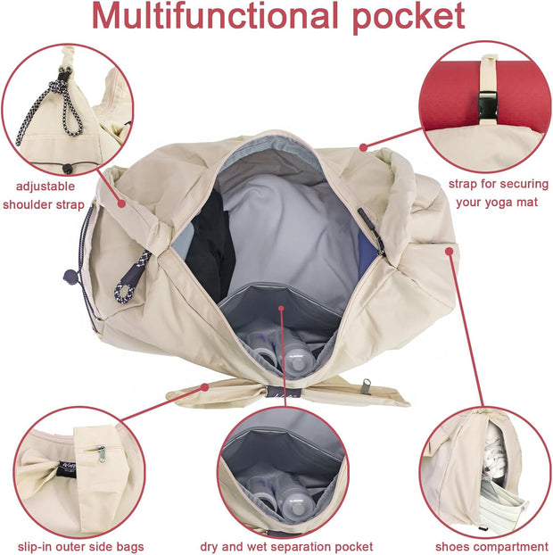 WOLT Gym Bag For Women, Yoga Mat Bag with Shoes Compartment, Wet Pocket and Water Bottle Pocket