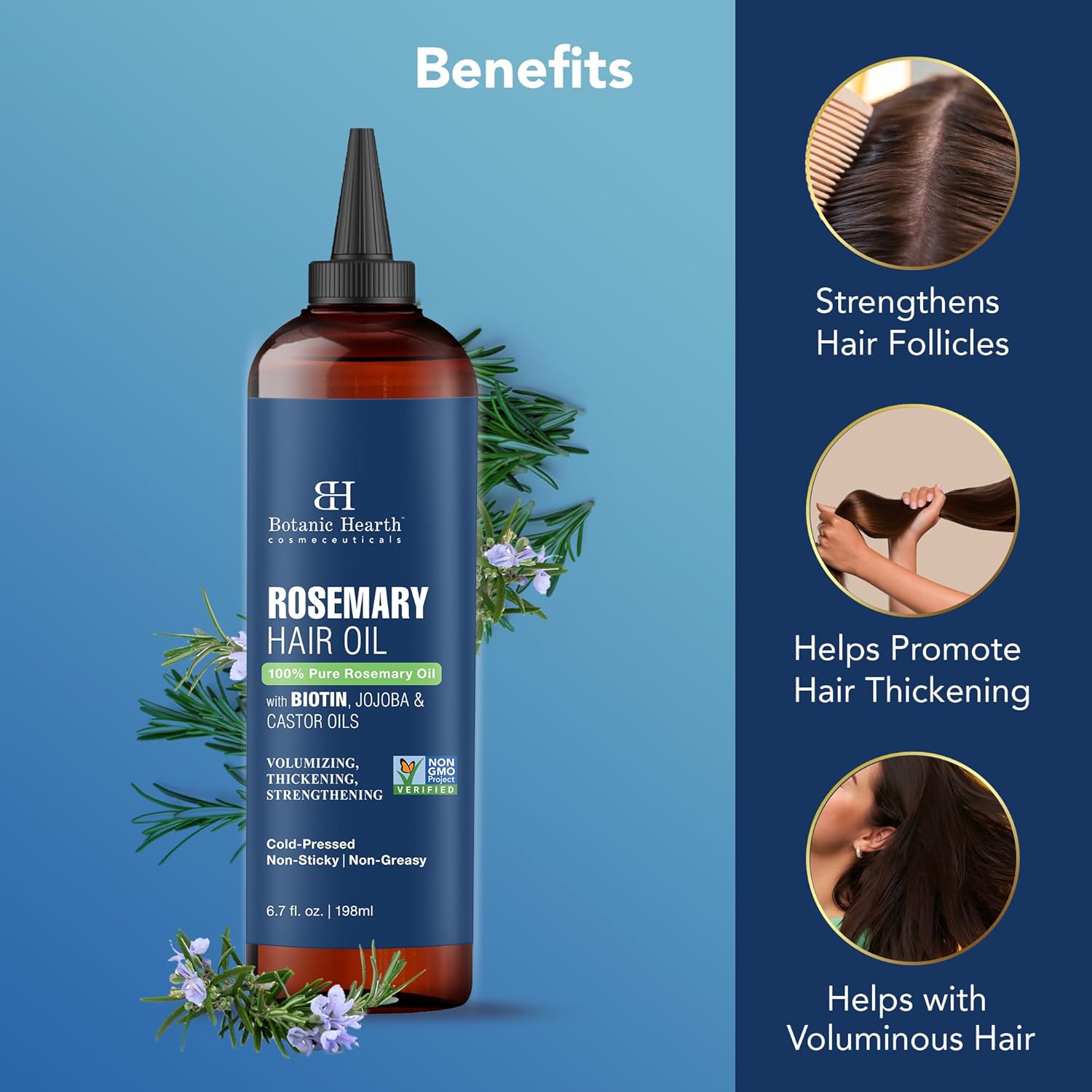 Botanic Hearth 100% Pure Rosemary Oil For Hair (6.7 fl oz) Infused With Biotin, Jojoba & castor Oil | Nourishing & Volumizing | Non GMO Verified