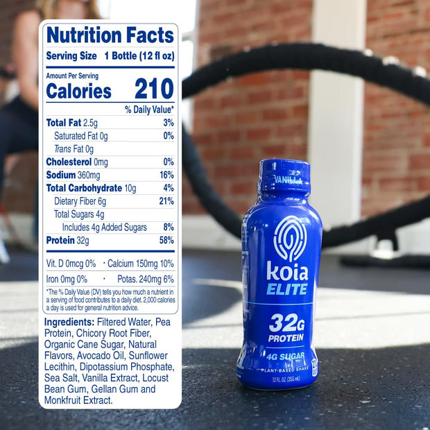Koia Elite Plant Based Protein Shake, Vanilla, 32g Protein, 4g Sugar, 6g Prebiotic Fiber, Pre & Post Workout Nutritional Drink, No Seed Oils, Dairy-Free, Gluten-Free, Non-GMO, 12 Fl Oz (Pack of 12)