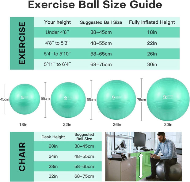 Yoga Ball, 18-30 Inch Extra Thick Exercise Ball for Workout Fitness Balance, Anti Burst Chair for Home and Office Desk, Includes Hand Pump & Workout Guide Access