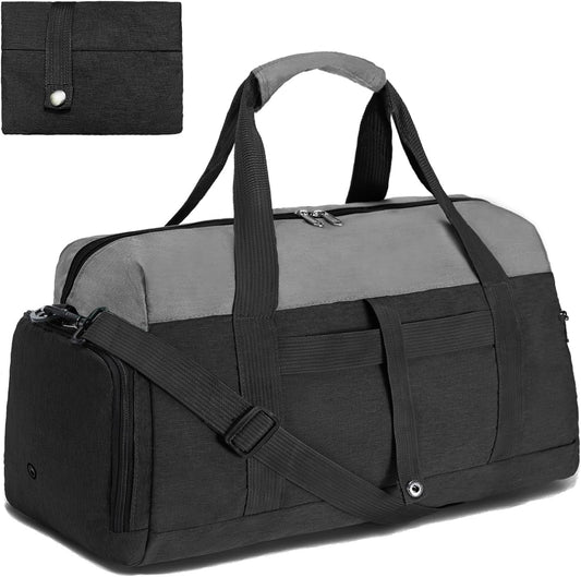 Gym Bags for Women Men with Wet & Shoe Compartment, 40L Foldable Travel Duffle Bag, Lightweight Weekender Overnight Duffel Bag for Traveling Sports Gym(Black)