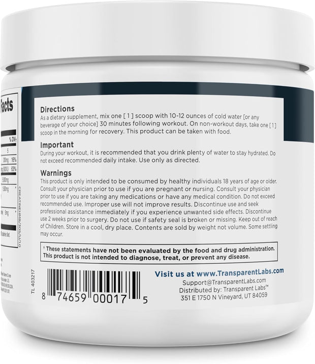 Transparent Labs Creatine HMB - Creatine Monohydrate Powder with HMB for Muscle Growth, Increased Strength, Enhanced Energy Output, and Improved Athletic Performance - 30 Servings, Unflavored