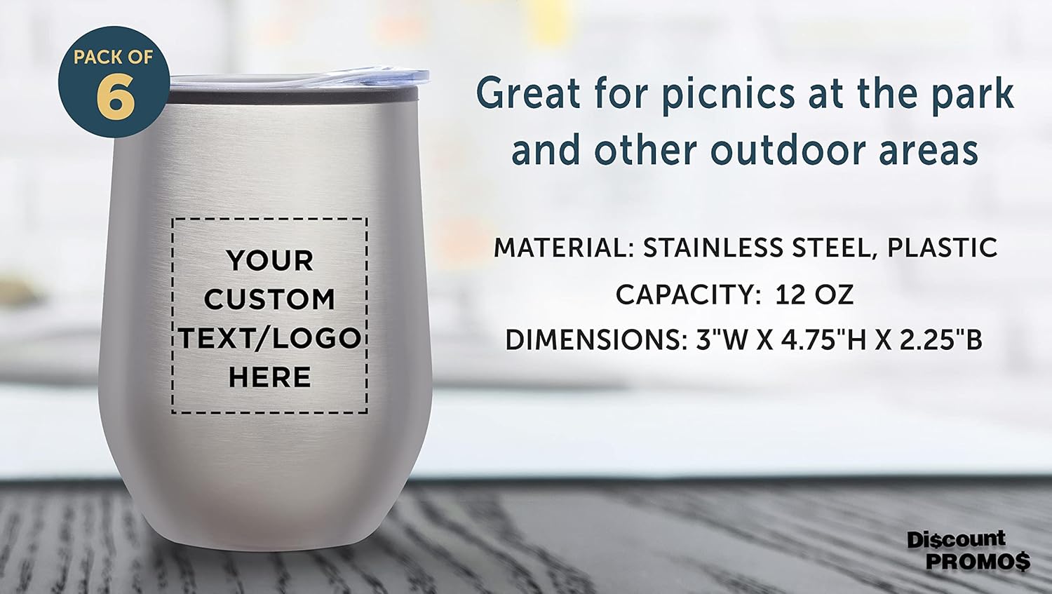 Custom Stemless Wine Tumblers 12 oz. Set of 6, Personalized Bulk Pack - Insulated, Perfect for Wine, Cocktails, Other Hot & Cold Beverages - Silver
