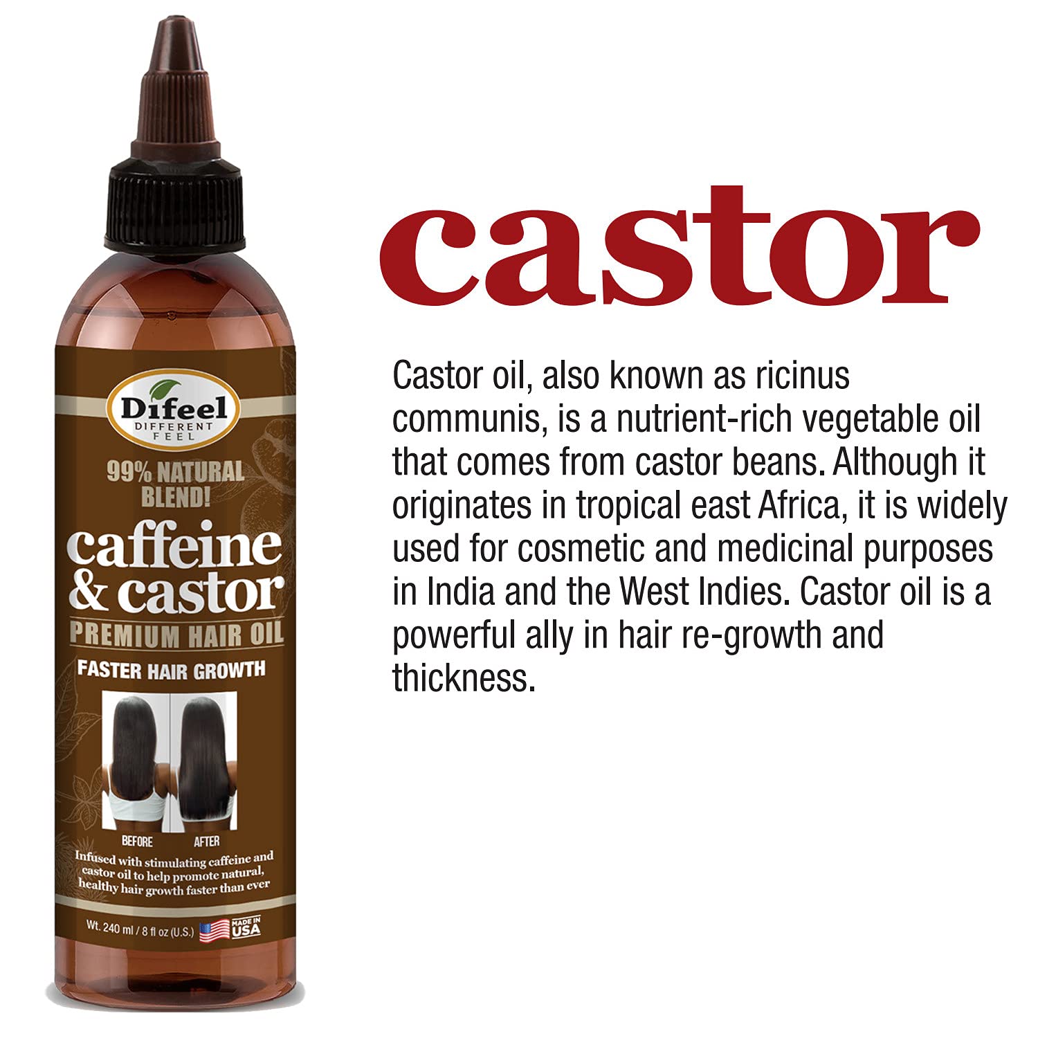 Difeel 99% Natural Premium Hair Oil - Caffeine & Castor Fastest Hair Growth, 8 oz.
