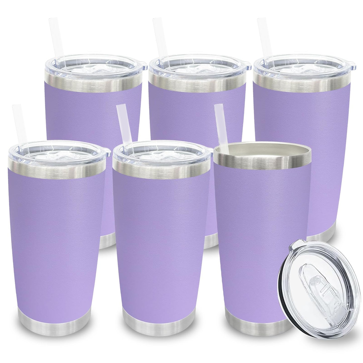 20 oz Tumblers Bulk, Stainless Steel Tumbler with Lid and Straw, Vacuum Double Wall Insulated Travel Coffee Mug with Sliding Lid, Powder Coated Cup for Hot and Cold Drinks (Stainless,6 pack)