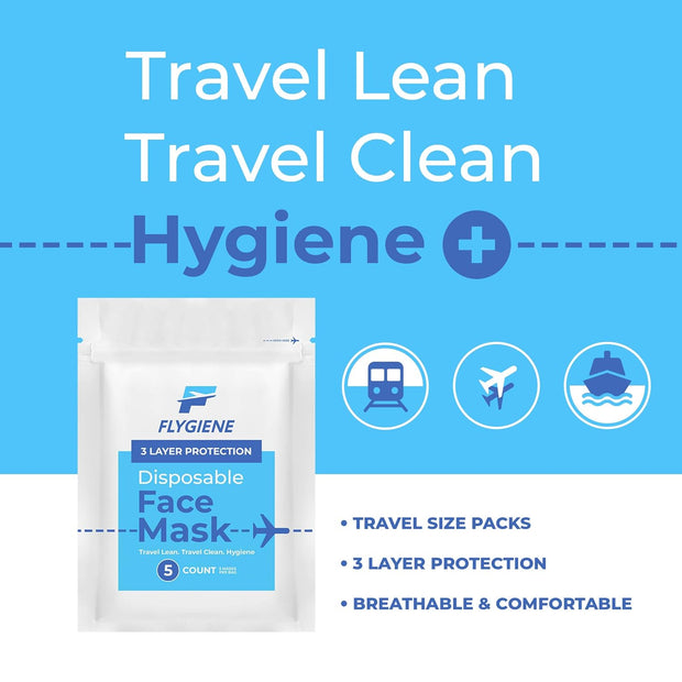 Travel Hygiene Bundle - Travel Size Individually Wrapped Essential - Convenient Clean Kit (10 Alcohol Wipes + 10 Waterproof Disposable Toilet Seat Covers + 10 Navy Blue Protective Face Masks)