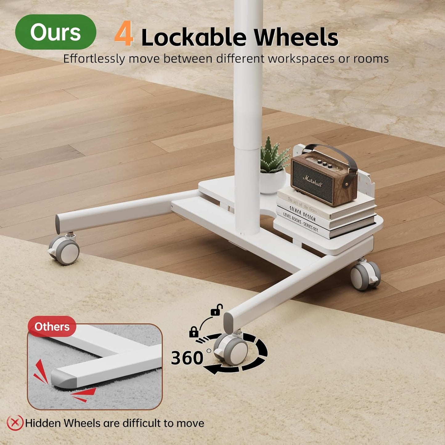 Mobile Standing Desk with Storage Base, 60° Tiltable Rolling Laptop Desk, Height Adjustable Portable Table with 4 Lockable Wheels for Home Office, White