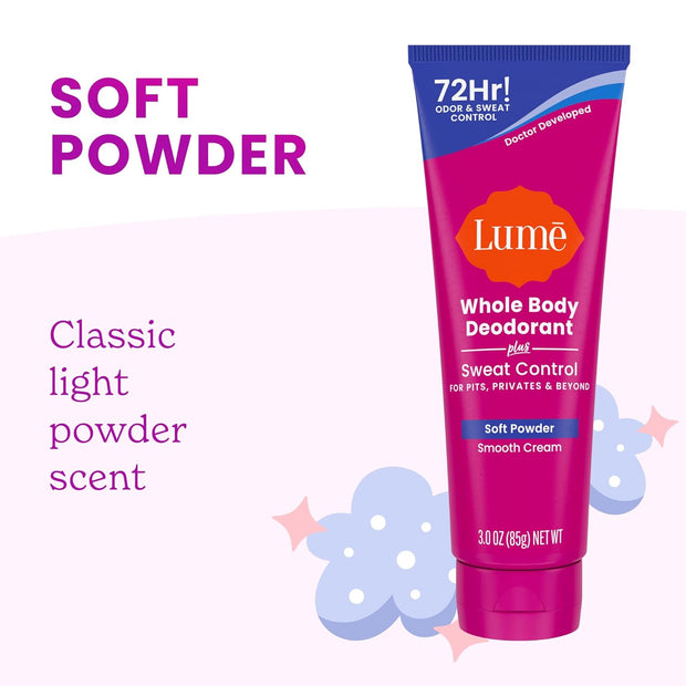 Lume Whole Body Deodorant Plus Sweat Control - Smooth Cream Tube - 72 Hour Odor And Sweat Control - Baking Soda Free, Skin Loving - 3.0 ounce (Pack of 2) (Soft Powder)