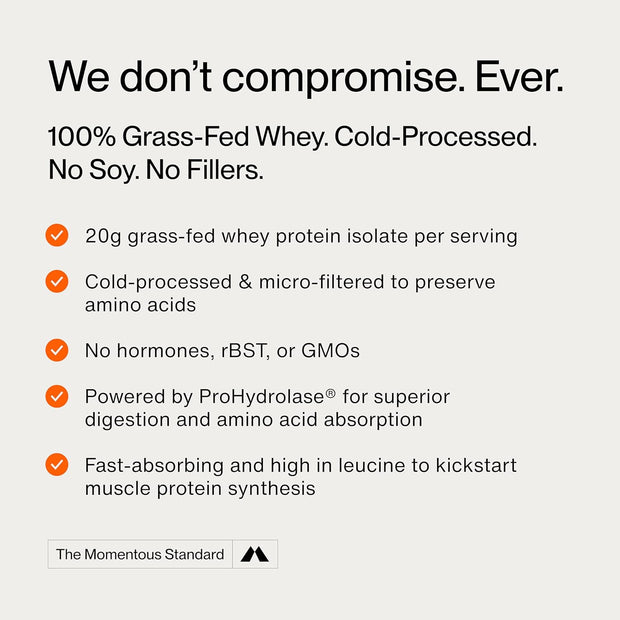 Momentous | Essential Grass-Fed Whey Protein Isolate, 24 Servings Per Pouch for Essential Everyday Use, Gluten-Free, NSF Certified (Chocolate)