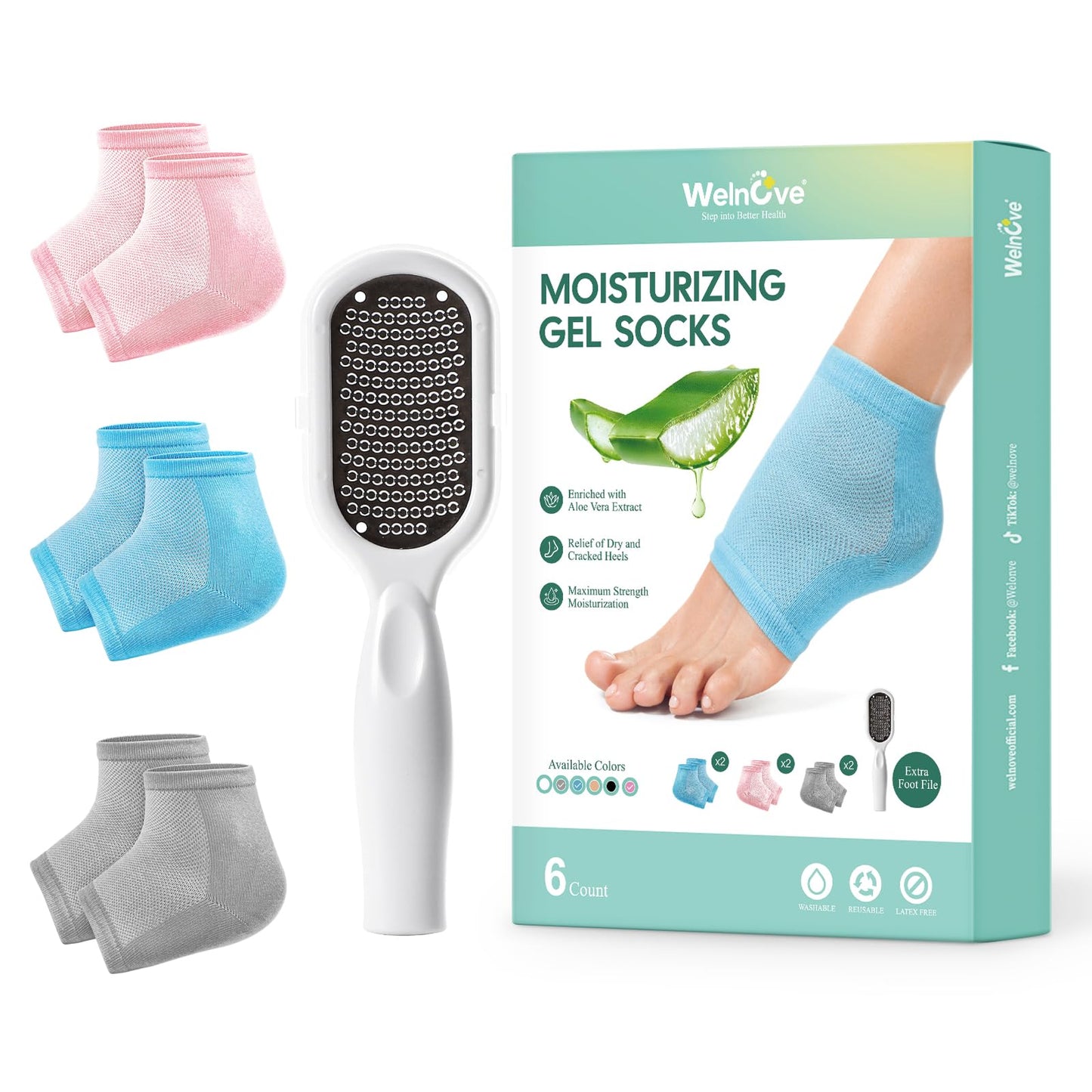 Welnove Moisturizing Heel Socks - 2 Pairs Aloe Vera Extract Infused Gel Lining for Dry Feet - Cracked Heel Repair Treatment - Cotton Socks for Women Men Foot Care (Regular Sizes)
