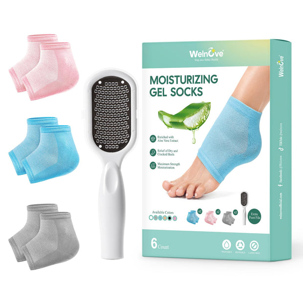 Welnove Moisturizing Heel Socks - 2 Pairs Aloe Vera Extract Infused Gel Lining for Dry Feet - Cracked Heel Repair Treatment - Cotton Socks for Women Men Foot Care (Regular Sizes)