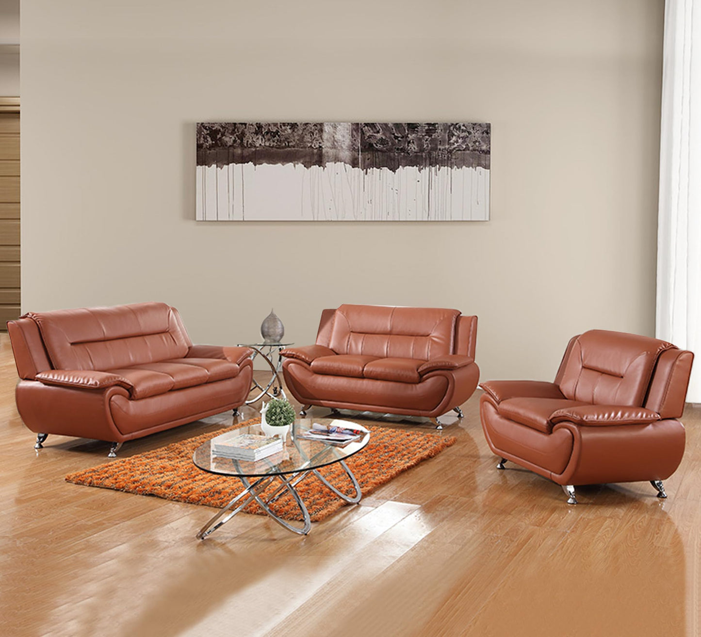 3 Piece Living Room Furniture Set, Leather Sofa Set for Living Room, Modern Couch Set with 3-Seater Sofa, Loveseat and Armchair (Black 2)