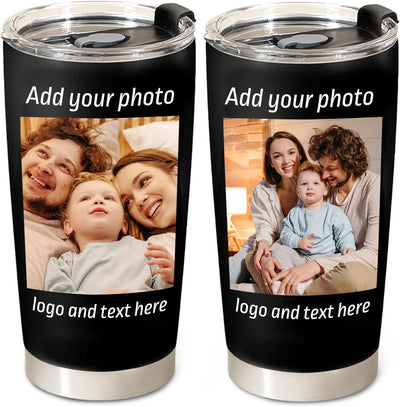 Personalized Coffee Tumbler with Pictures Text Logo Name, Custom Stainless Steel Tumbler with Lid and Straw, Coffee Travel Mug Cups, 20oz Personalized Birthday Gifts for Women Men Office