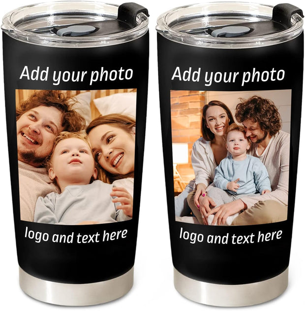 Personalized Coffee Tumbler with Pictures Text Logo Name, Custom Stainless Steel Tumbler with Lid and Straw, Coffee Travel Mug Cups, 20oz Personalized Birthday Gifts for Women Men Office