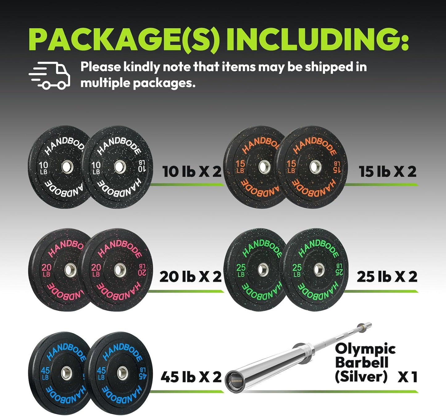 Bumper Plate Olympic Weight Plate Set 2 - Inch, 10-55 lb Barbell Weight Plates for Home Gym, Black Rubber Strength Training Plate for Weight Lifting with 45 lb (20 kg) Black/Silver Barbell