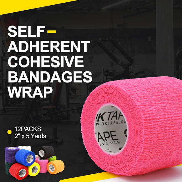 OK TAPE 12 Rolls Self Adhesive Bandage Wrap, Elastic Athletic Tape, Self Stick Bandage Tape, Vet Wrap, Medical Wrap for Wrist, Feet, 2" x 5 Yards - Black