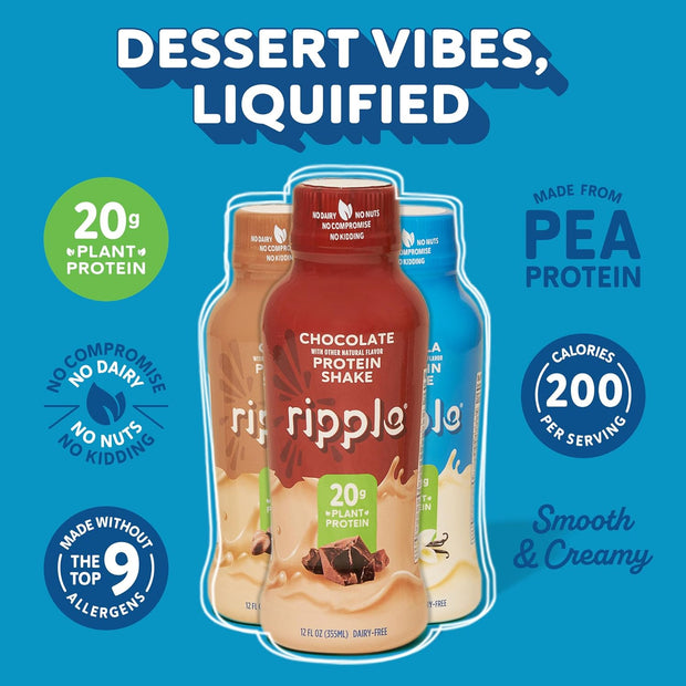 Ripple Plant Based Protein Shake Variety Pack | 20g of Quality Sourced Pea Protein, Calcium Rich | Shelf Stable | Vegan & Non GMO | Dairy, Soy, Nut, & Gluten Free | 12 Fl Oz Bottles (Pack of 12)