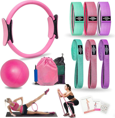 Pilates Essentials Kit for Home Women, Pilates Equipment for Workouts, 6 Fabric Resistance Bands, 12 Inch Magic Circle Yoga Ring, Mini Exercise Ball, Great Exercise Equipment