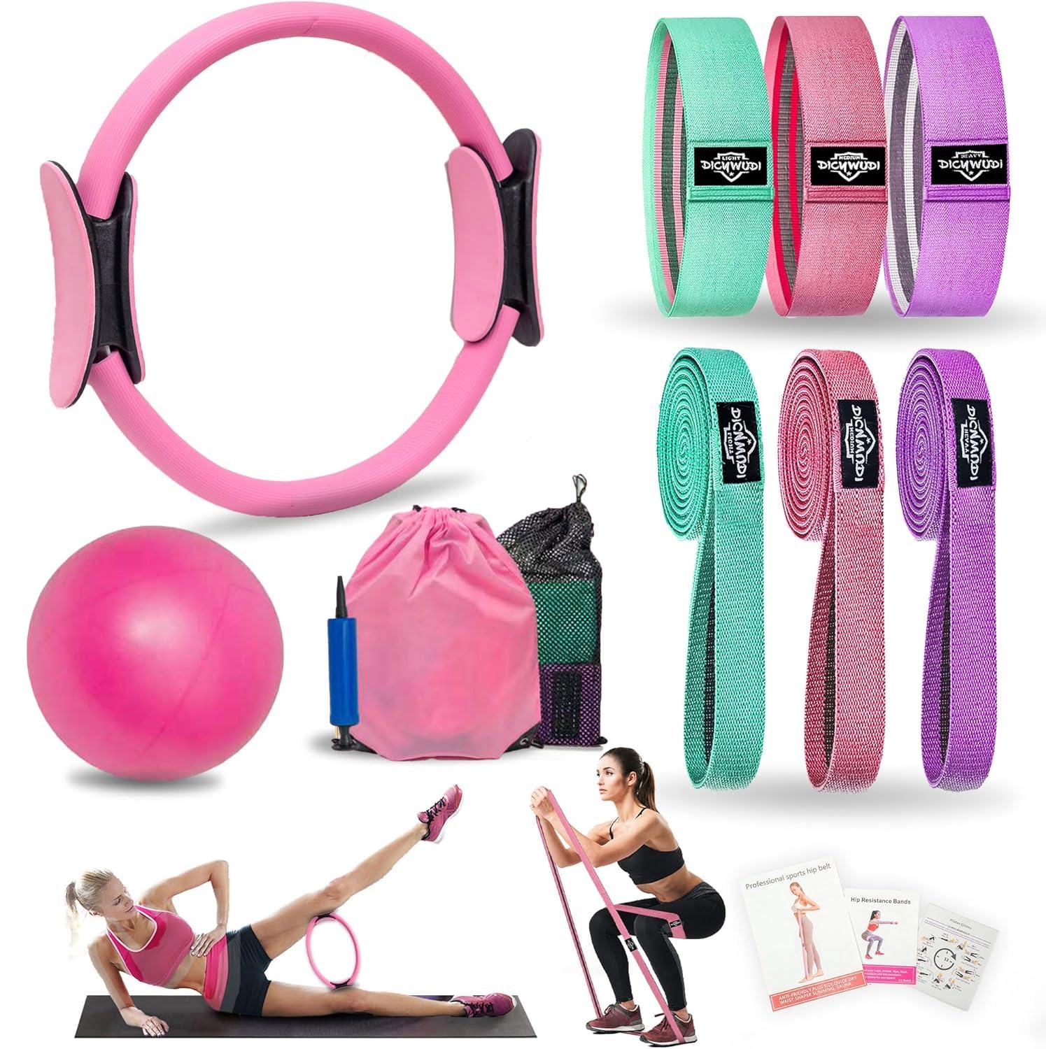 Pilates Essentials Kit for Home Women, Pilates Equipment for Workouts, 6 Fabric Resistance Bands, 12 Inch Magic Circle Yoga Ring, Mini Exercise Ball, Great Exercise Equipment