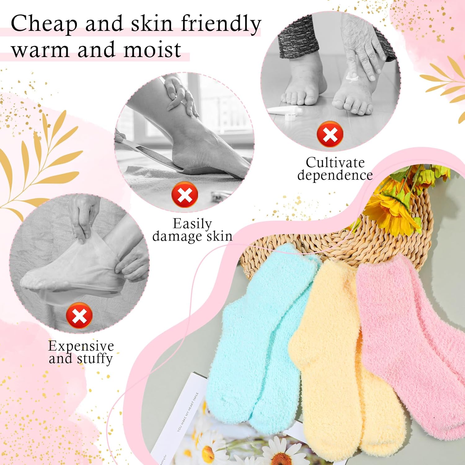 3Pairs Aloe Socks Moisturizing Spa Socks Sleeping Fuzzy Socks for Dry Feet Overnight, Non Slip Coral Fleece Lotion Socks Women Spa Pedicure Foot Care Socks for Repairing Dry Feet,Cracked Heel