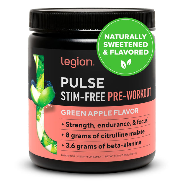 LEGION Pulse Pre Workout Supplement - All Natural Nitric Oxide Preworkout Drink to Boost Energy, Creatine Free, Naturally Sweetened, Beta Alanine, Citrulline, Alpha GPC (Caffeine Free Blue Razz)