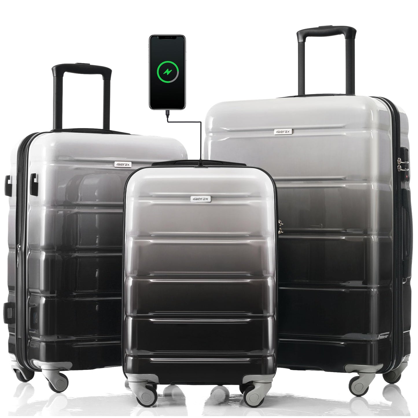 Merax 3 Luggage Sets, ABS Hardshell Suitcase Spinner Wheels with USB Port TSA Lock, Blue and Navy, 20/24/28 Inch