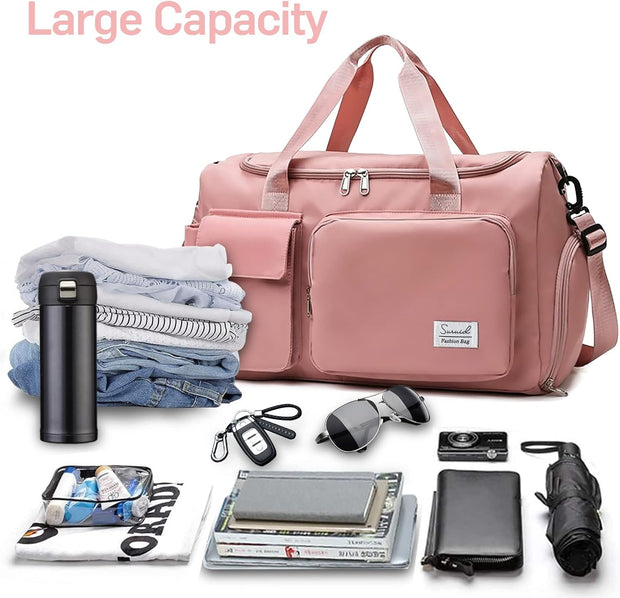Travel Yoga Duffel Bag with Shoes Compartment Sports Gym Handbag with Dry Wet Separated Pocket for Training Men and Women, Overnight /Weekender Bag - Pink