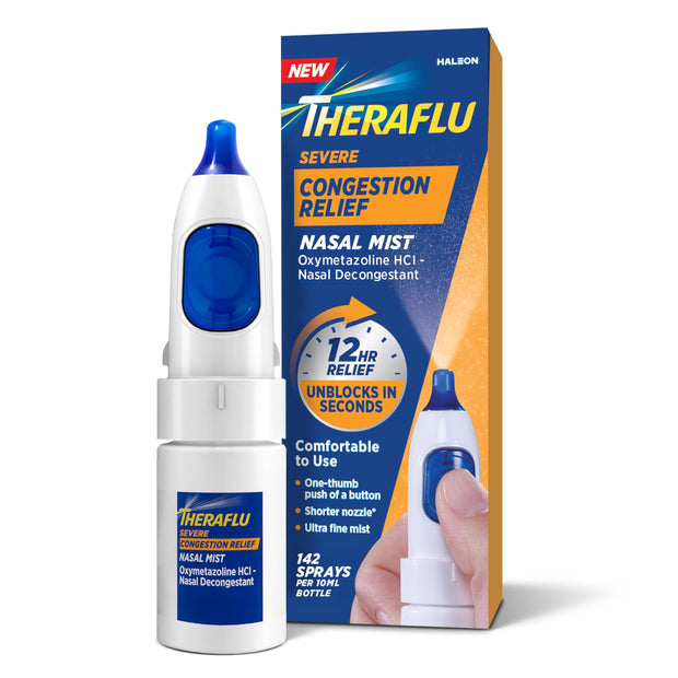 Theraflu Severe Congestion Relief Nasal Mist, Oxymetazoline HCI 0.05% Nasal Decongestant, 12 Hour Relief, Ultra-Fine Mist, 0.34 fl oz