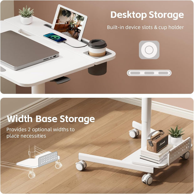 Mobile Standing Desk with Storage Base, 60° Tiltable Rolling Laptop Desk, Height Adjustable Portable Table with 4 Lockable Wheels for Home Office, White
