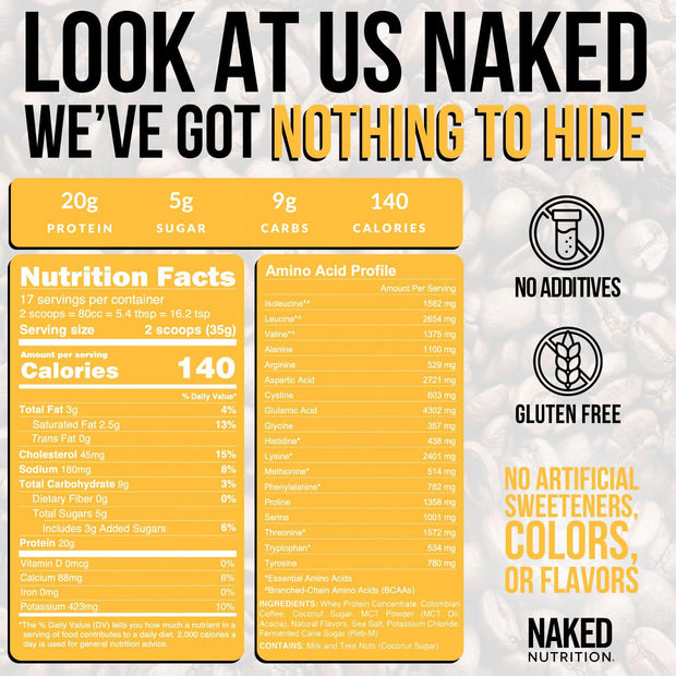 NAKED Vanilla Latte Protein Coffee - Premium Colombian Iced Coffee Protein Shake Drink, Delicious Keto Friendly and Gluten Free, 17 Servings