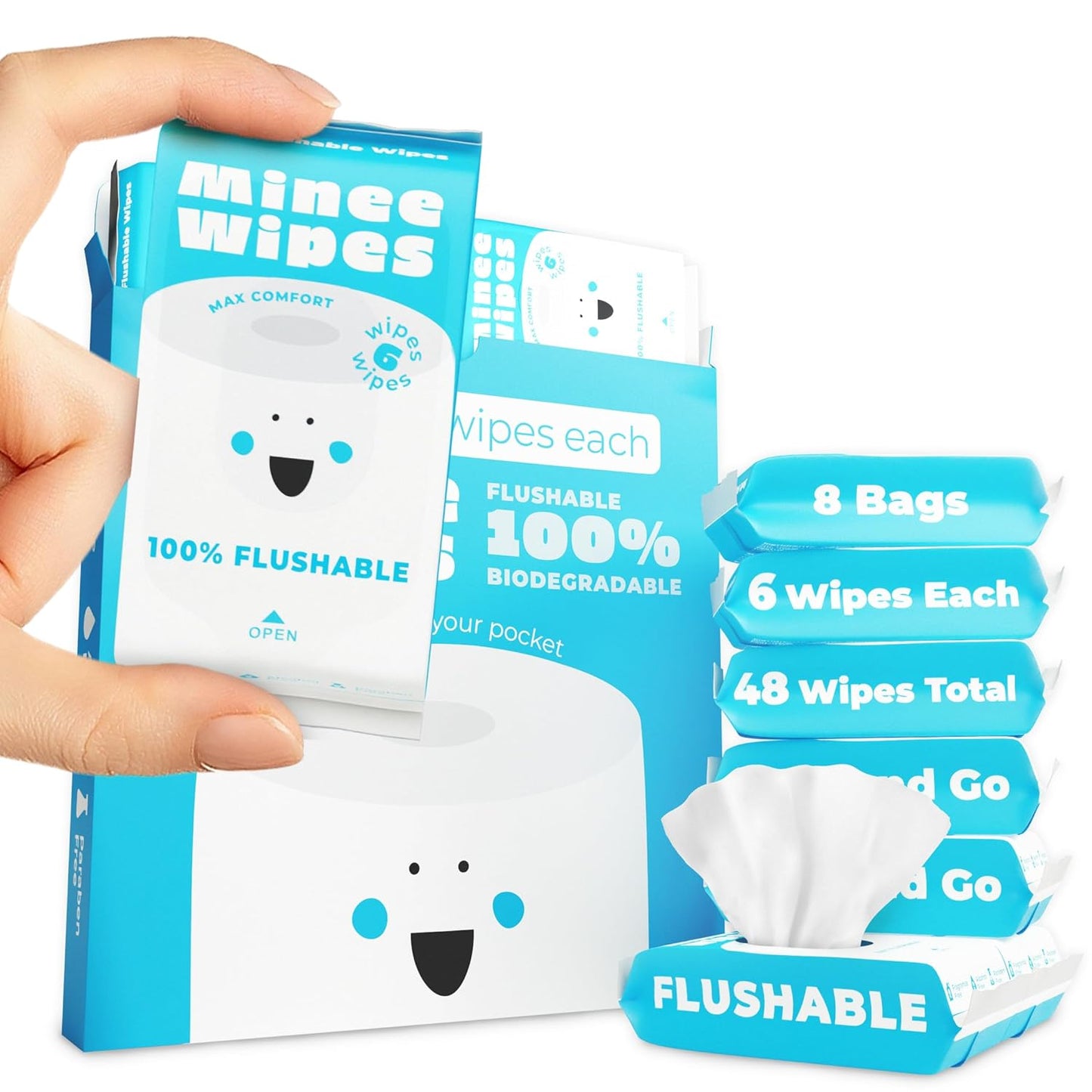 Impossibly Compact Travel Flushable Wipes - 99.5% Water and Aloe - Safe for Sensitive Skin, Hypoallergenic & Unscented - Travel Essentials for Adults, Kids & Baby Care - 8 Pack Total 48 Wipes