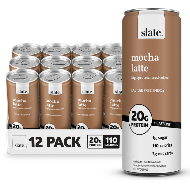 Slate Milk - High Protein Iced Coffee - Energy Variety Pack - Caramel Latte, Mocha Latte, Vanilla Latte - 175mg Caffeine, Lactose Free - 20g Protein, 1g Sugar - Protein Coffee - 11 fl oz, 12 Cans