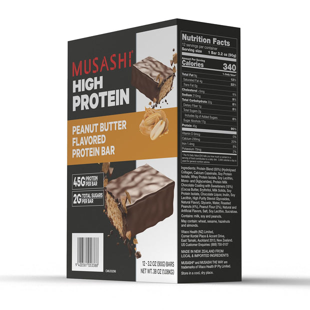 MUSASHI High Protein Bar, 45g Protein, 2g Total Sugars, Peanut Butter & Milk Chocolate Coated, Post Workout and Protein Snack On The Go, 12 Pack of 3.2oz (90g) Bars
