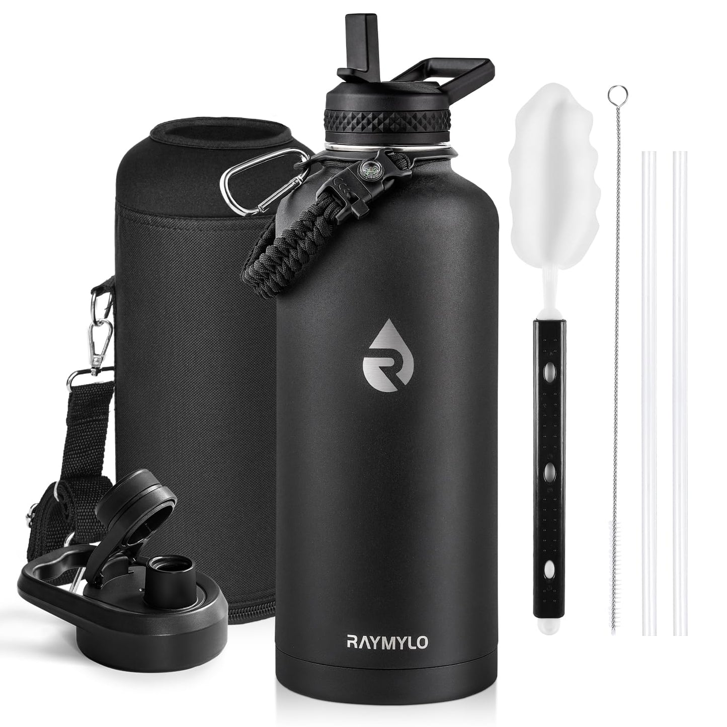 Insulated Water Bottle 64 oz, Triple Wall Vacuum Stainless Steel (Cold for 48 Hrs), Leak Proof & Non-BPA, Half Gallon Water Flask Jug with Paracord Handle & Straw Spout Lids, Magic Black